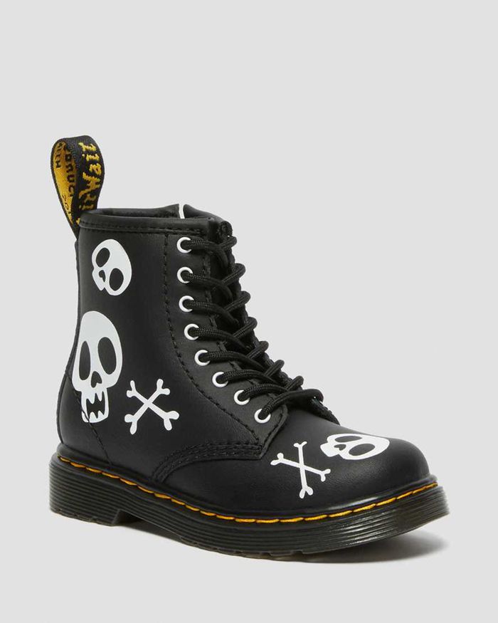 Dr Martens Kids Toddler 1460 Skull & Bones Leather Lace Up Boots Black/White - 59132ZPVC